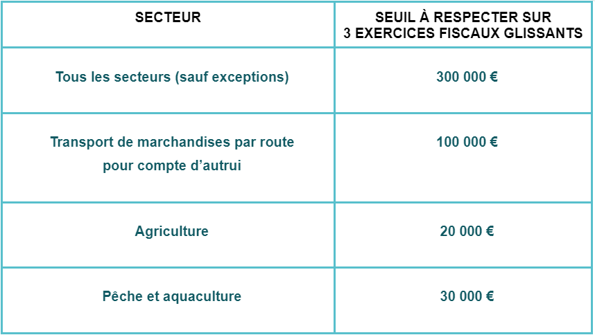 Tableau seuil minimis 2024 par secteur
